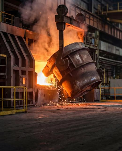 Workers carry out metal pouring from a furnace in a busy metallurgy plant. Sparks fly as metal flows into molds.
